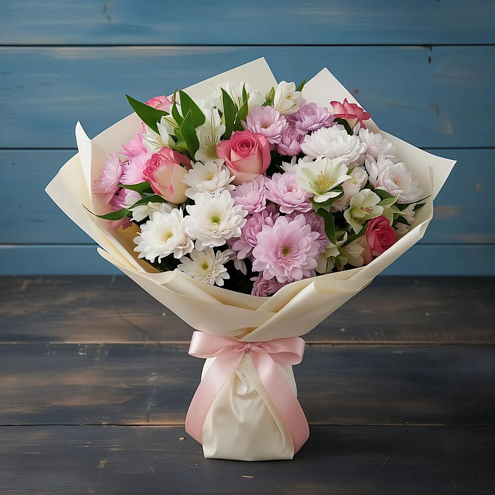 Букет цветов из: Хризантемы, Альстромерии и Розы в Красный Луч